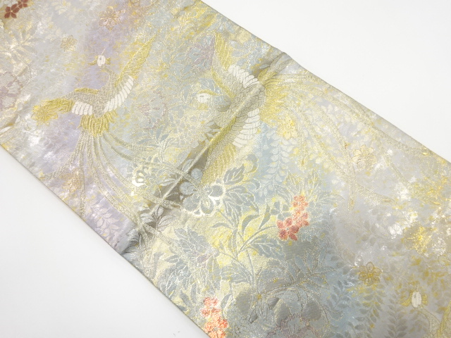 鳳凰に草花模様織り出し　袋帯